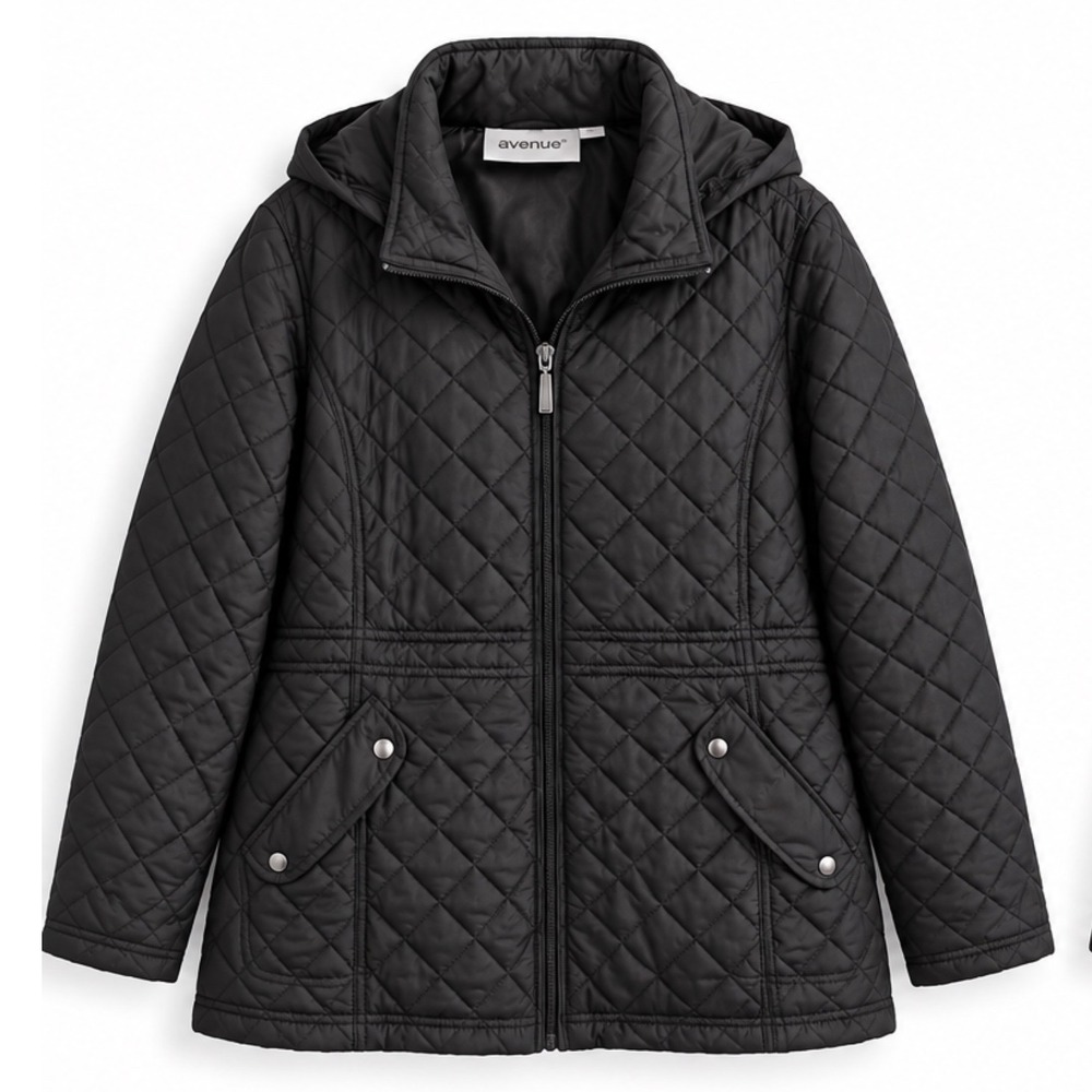 Avenue Black Diamond Quilted Hooded Jacket Full Zip Plus Size 18/20 Coat